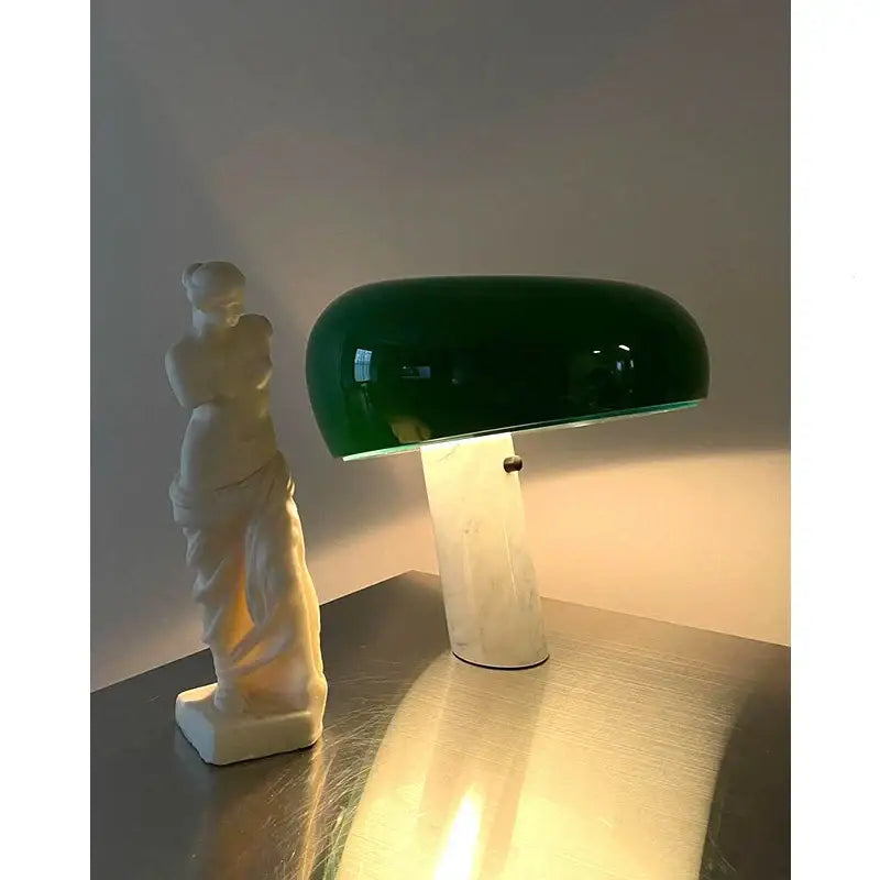 Emerald green decorbites designer mushroom lamp with polished black and white marble base for study rooms