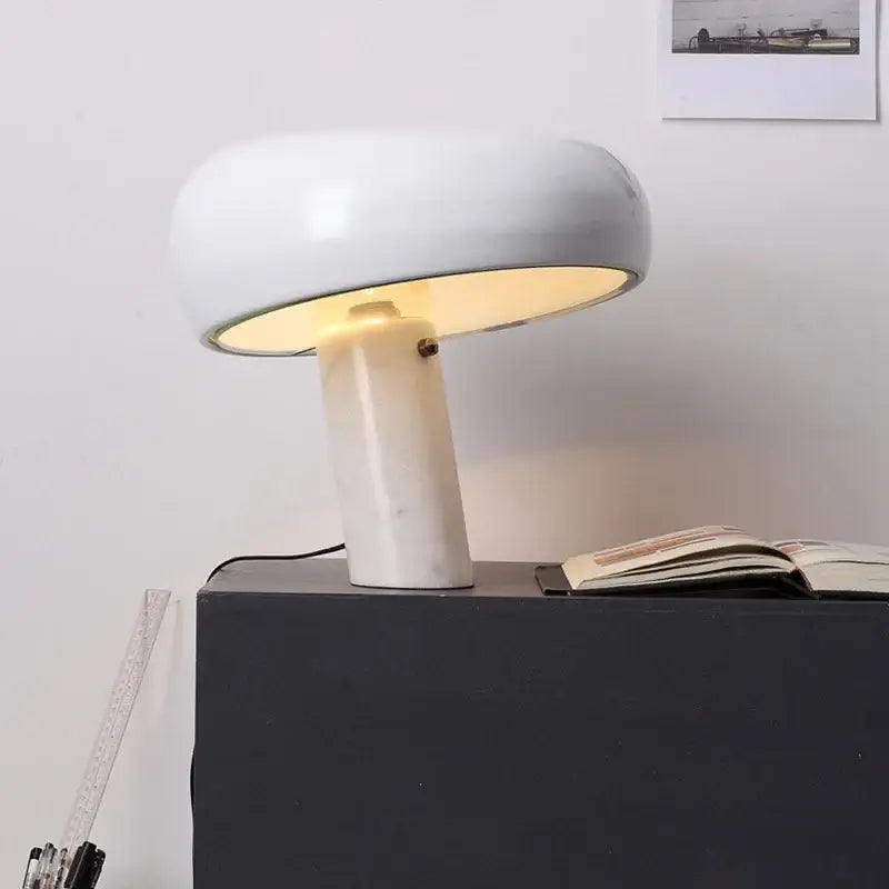 White decorbites designer mushroom lamp with smooth glossy finish and black and white marble base for study room