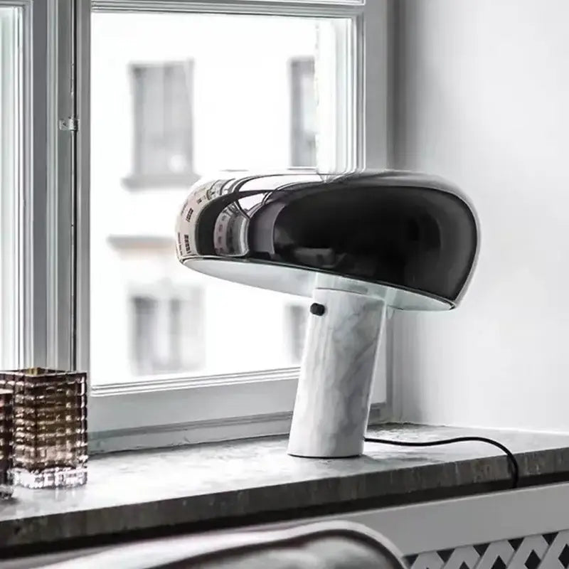 Black glossy decorbites designer mushroom lamp with white marble base ideal for study room lighting and decor