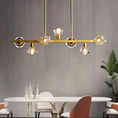 Gold-toned decorbites™ diamond crystal brass pendant with 7 lights linear restaurant island lamp with modern design