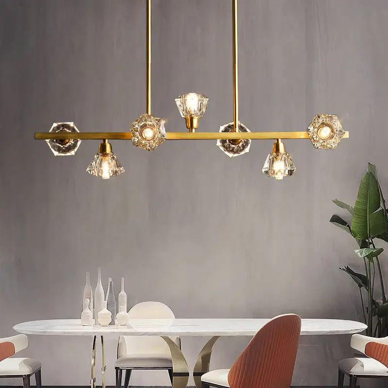 Gold-toned decorbites™ diamond crystal brass pendant with 7 lights linear restaurant island lamp with modern design