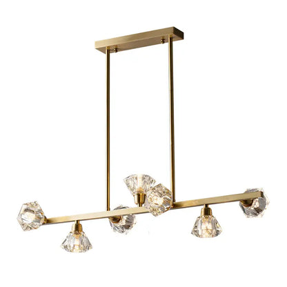 Brass-finished modern design chandelier with five faceted crystal shades for linear restaurant island lamp use