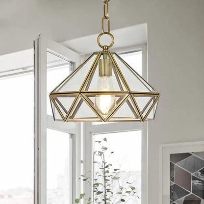 Decorbites diamond pendant ceiling light in brass with clear glass panels and visible bulb for bedroom 220v-240v 110v-120v
