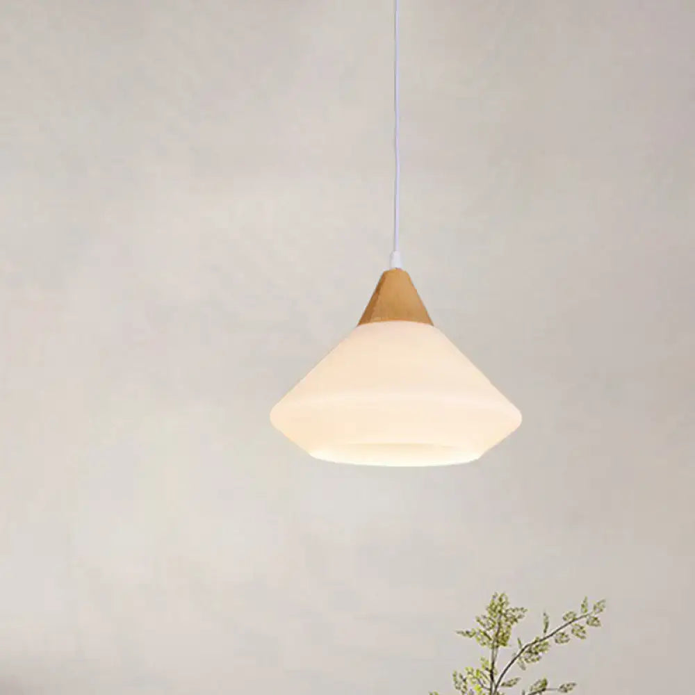 Decorbites diamond white glass pendant light with frosted shade and natural wood base for dining room lighting