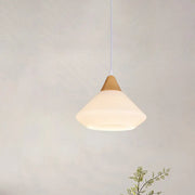Decorbites diamond white glass pendant light with frosted shade and natural wood base for dining room lighting