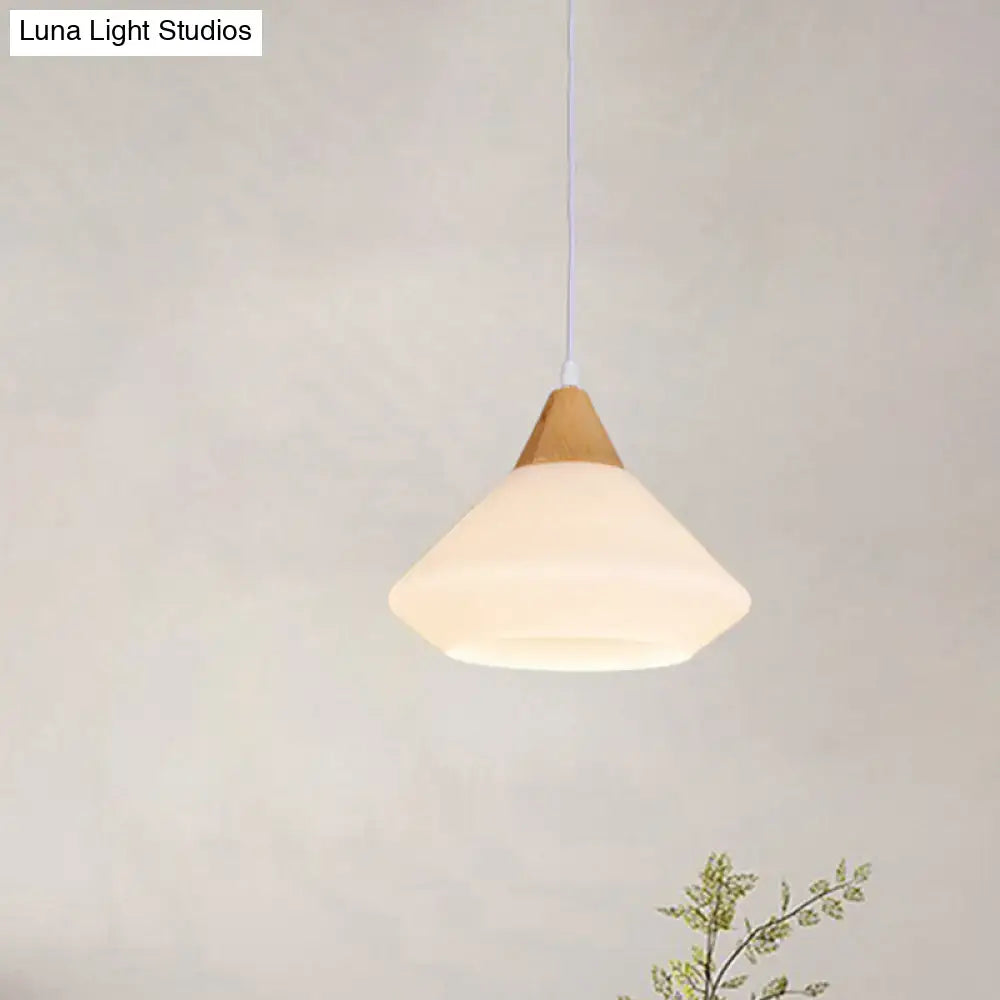 DecorBites™ diamond white glass pendant light with frosted shade and wood top for modernist dining room lighting