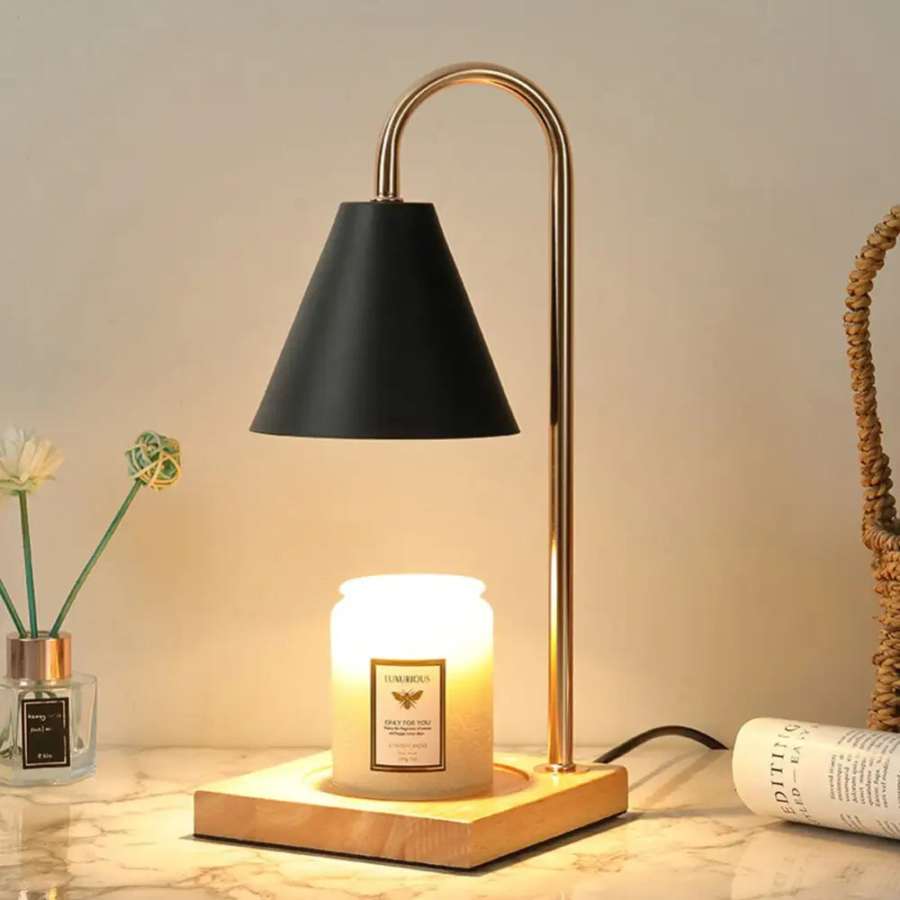DecorBites™ dimmable candle warmer lamp with black conical shade, gold metal stand, and wooden base for candle warming