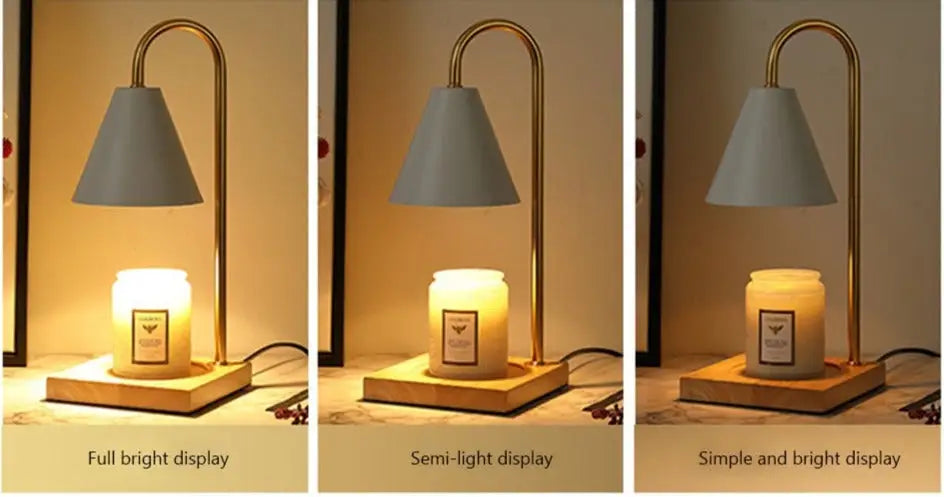DecorBites™ dimmable candle warmer lamp gold-toned with gray conical shade and wooden base shown in three lighting modes