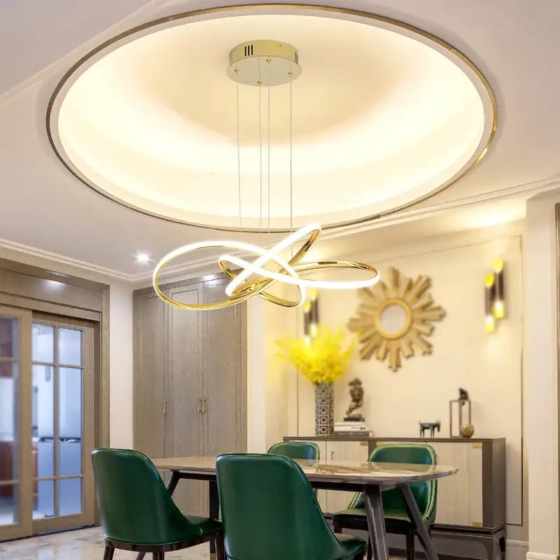 Gold infinity loop dimmable modern chandelier with gold chrome black finish and warm ambient glow by DecorBites 60cm