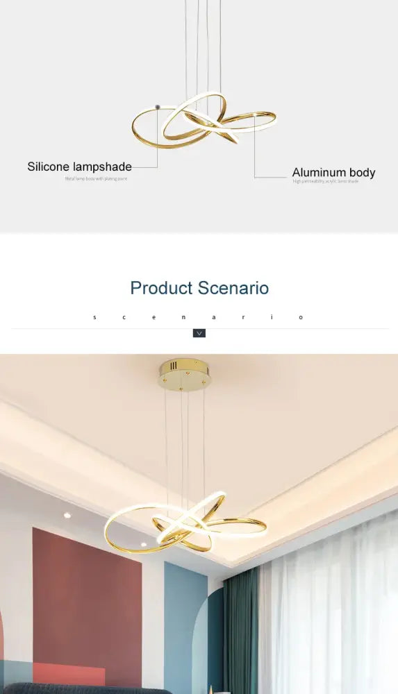 Gold colored dimmable modern chandelier with intertwined ring design silicone lampshade and aluminum body