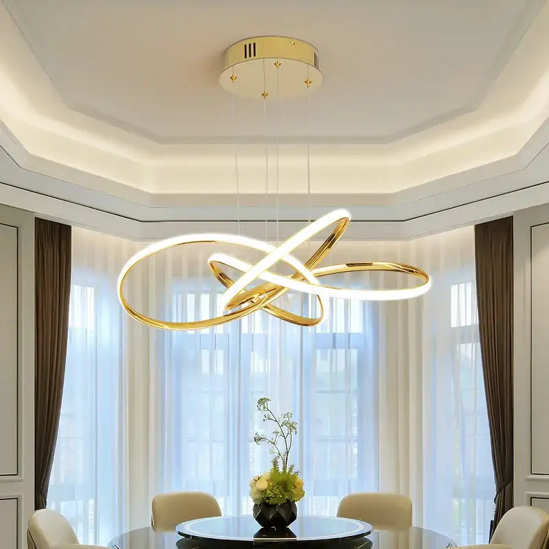 Gold-toned modern chandelier with intertwined circular rings dimmable modern chandelier gold chrome black 60cm
