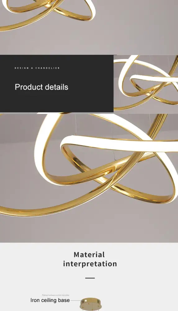 Gold-colored modern chandelier with intertwined circular led light strips dimmable modern chandelier decorbites