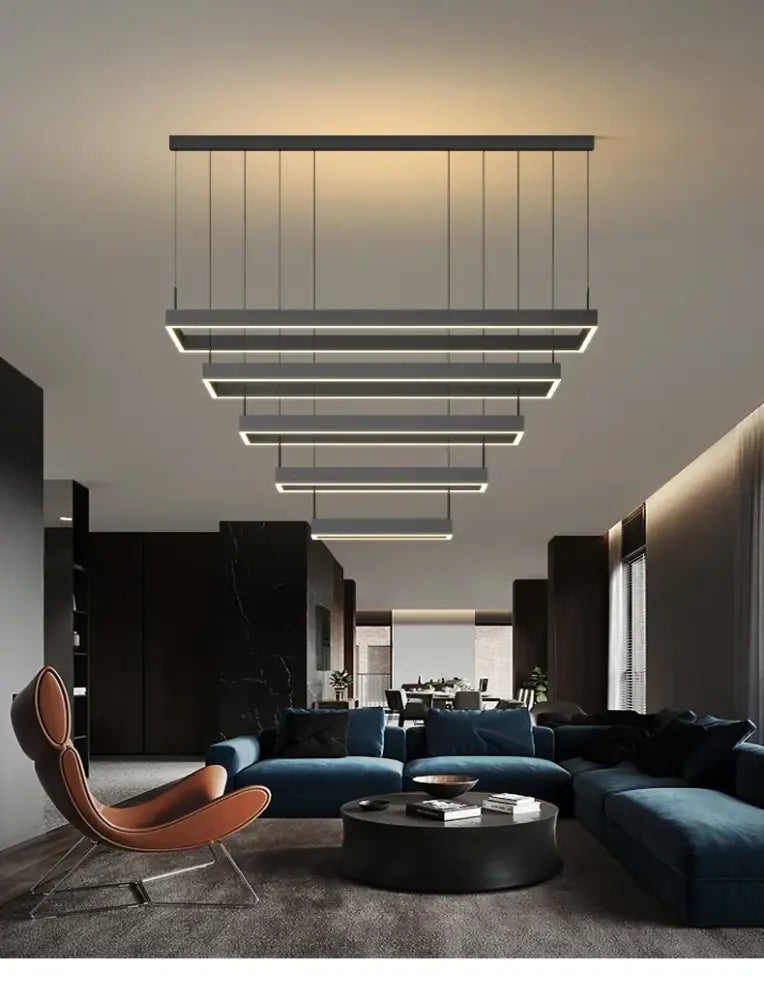 Modern black linear DecorBites™ dimmable Nordic led ceiling chandelier with layered bars for living room lighting