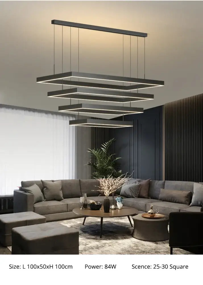 Modern black rectangular decorbites™ dimmable nordic led ceiling chandelier with layered geometric design for living room