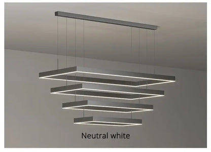 Modern tiered rectangular led ceiling chandelier by decorbites with sleek metallic finish and neutral white illuminated edges