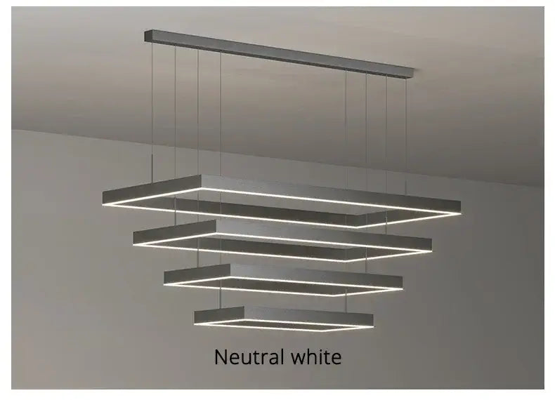 Modern tiered rectangular led ceiling chandelier by decorbites with sleek metallic finish and neutral white illuminated edges