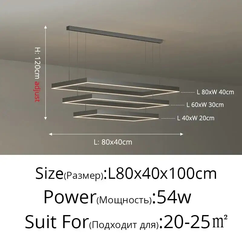 Modern black rectangular led ceiling chandelier with adjustable height and multiple dimmable light levels for living room