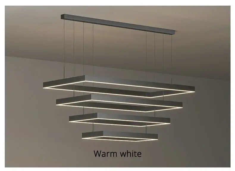 Modern tiered rectangular pendant led ceiling chandelier with warm white led and matte black finish for living room