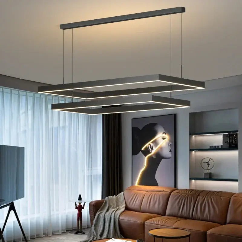 Modern black rectangular led ceiling chandelier with layered design and dimmable glowing light strips for living room