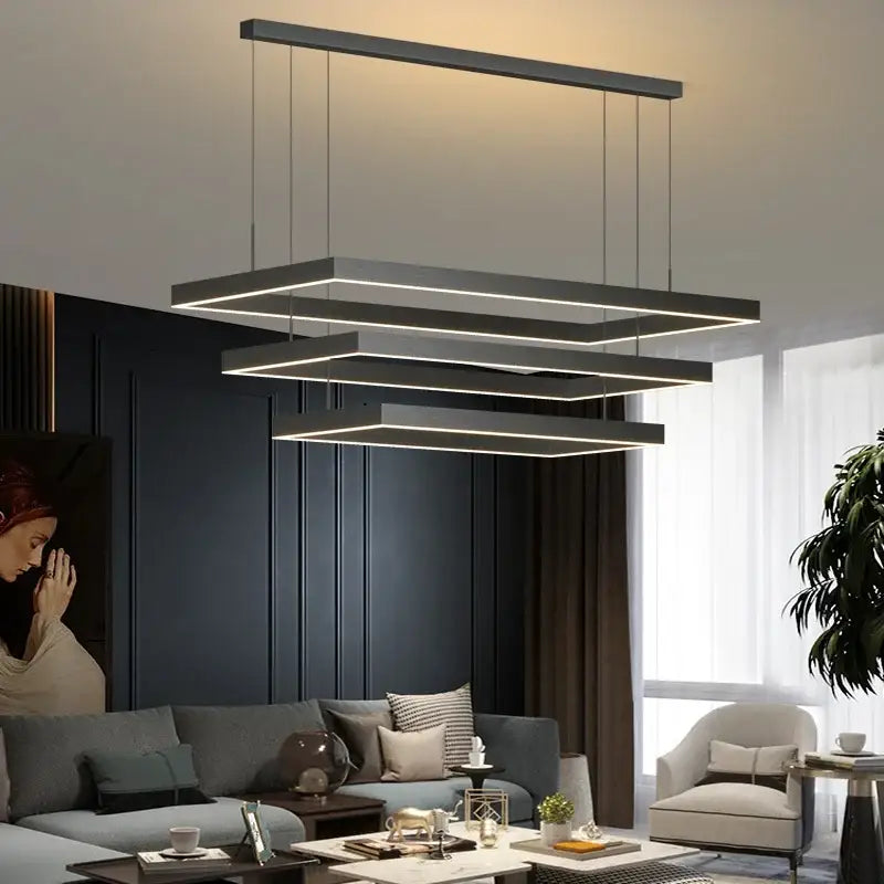 Modern black rectangular led ceiling chandelier with layered geometric design for living room by decorbites