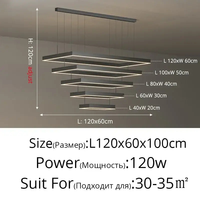 Modern black rectangular DecorBites™ dimmable nordic led ceiling chandelier with layered illuminated geometric design for living room