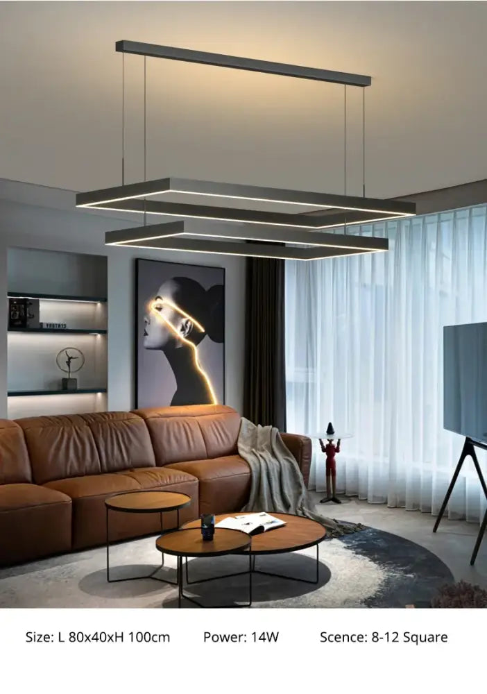 Modern minimalist rectangular decorbites™ led ceiling chandelier with black metal frame and integrated dimmable lighting for living room