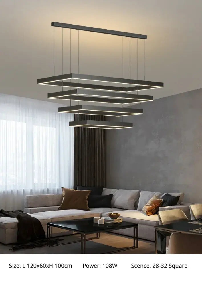 Modern black rectangular led ceiling chandelier with layered geometric design dimmable for living room by decorbites