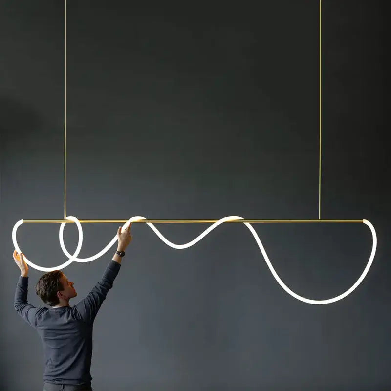 DecorBites™ dimmable nordic hose led ceiling chandelier with sleek gold metal frame and flowing white tubing for home decor