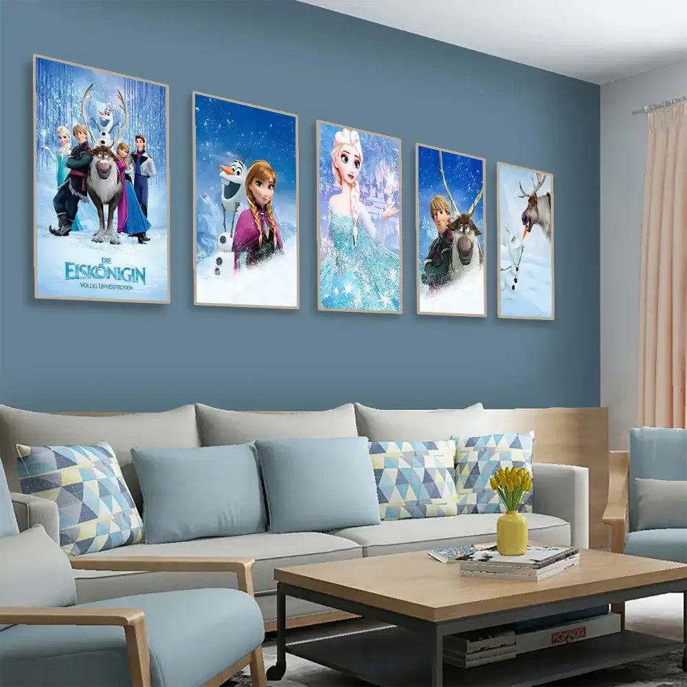 Five framed disney frozen anna and elsa canvas art with vibrant blue and white elsa canvas featuring characters like olaf and sven