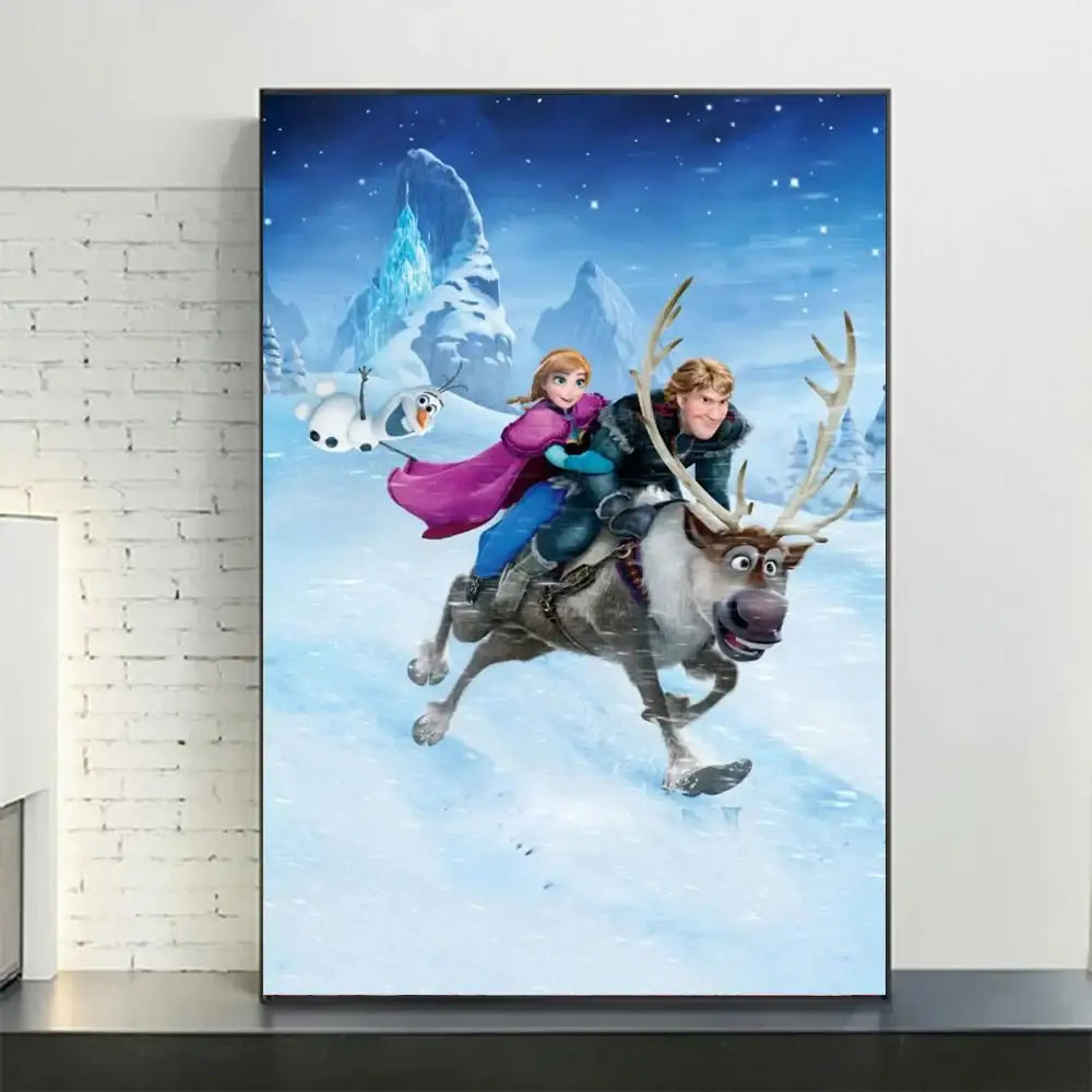 A framed disney frozen canvas print featuring anna kristoff and olaf riding a reindeer under a starry night sky