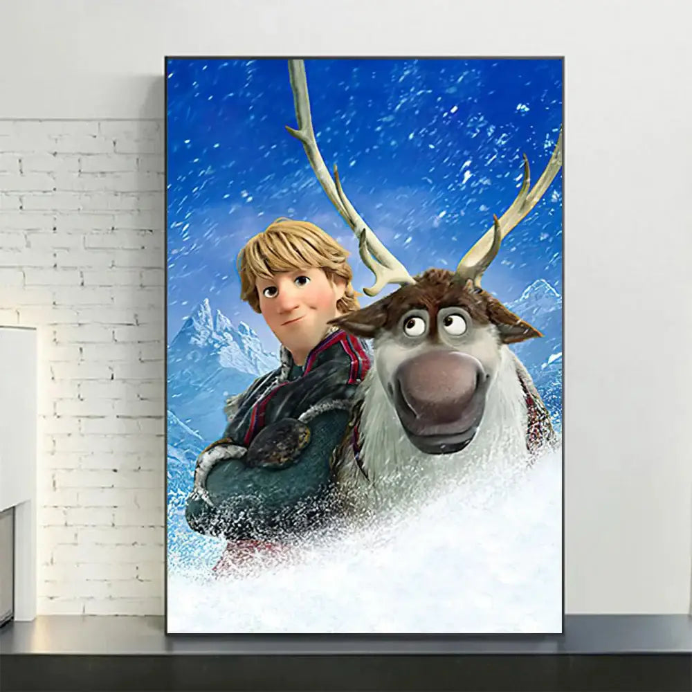 A framed canvas print of kristoff and sven from disney frozen with vibrant blue skies for disney frozen anna decor