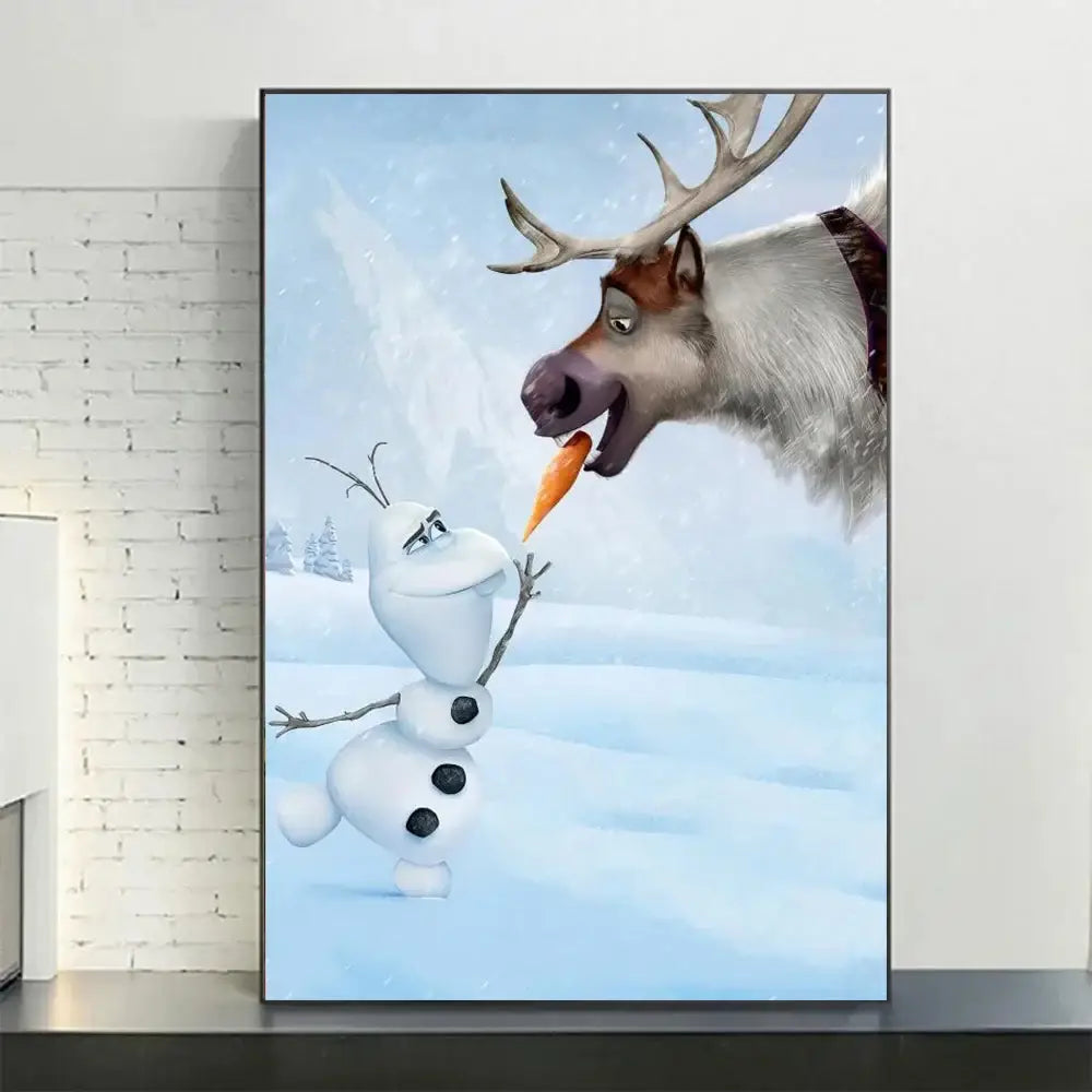 A framed canvas print from DecorBites™ featuring olaf and sven in a vibrant snowy scene for disney frozen fans