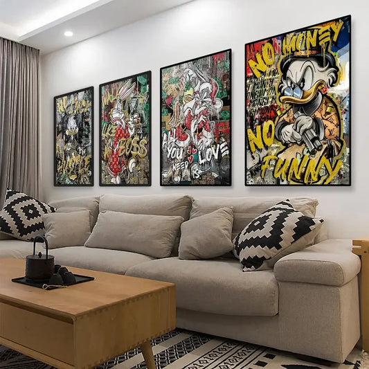 Four framed graffiti-style donald duck canvas wall art pieces with bold yellow text and vibrant colors above a beige sofa