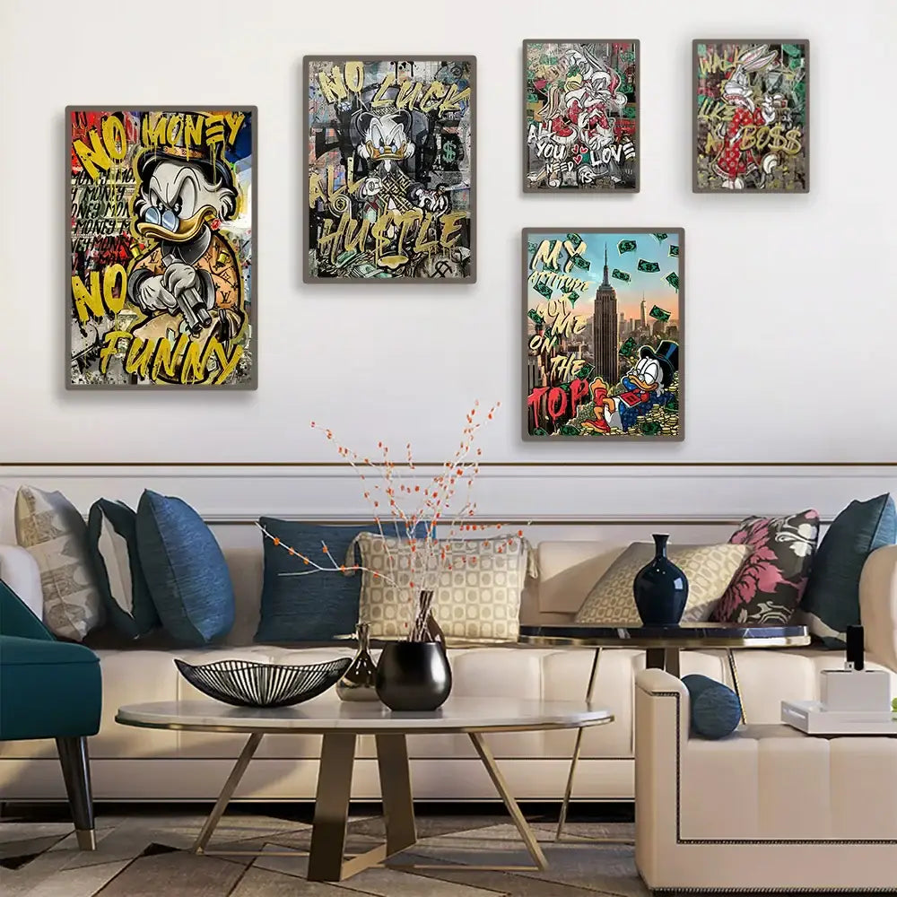 Set of five framed donald duck cartoon art prints in bold graffiti style with vibrant colors disney marvel donald decor