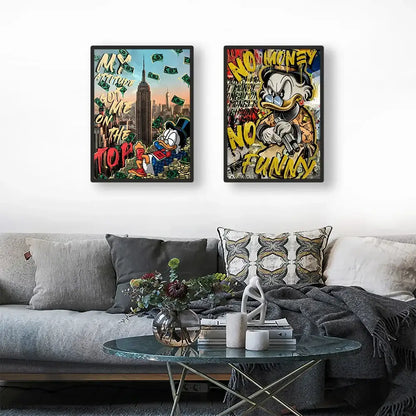Two framed comic-style donald duck disney marvel donald canvas wall art in bold colors mounted above gray sofa