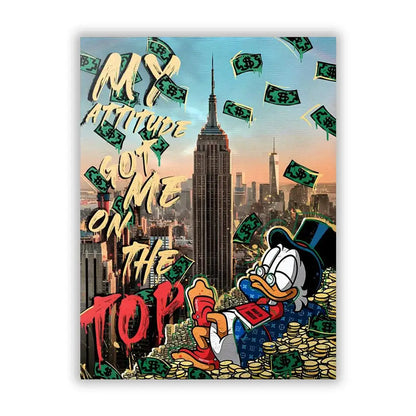 A vibrant disney marvel donald duck canvas wall art featuring donald duck in a suit with falling dollar bills and coins
