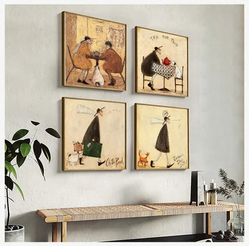 Four framed whimsical illustrations of people and animals in cozy scenes canvas wall art by decorbites™ dog lover nordic wall art