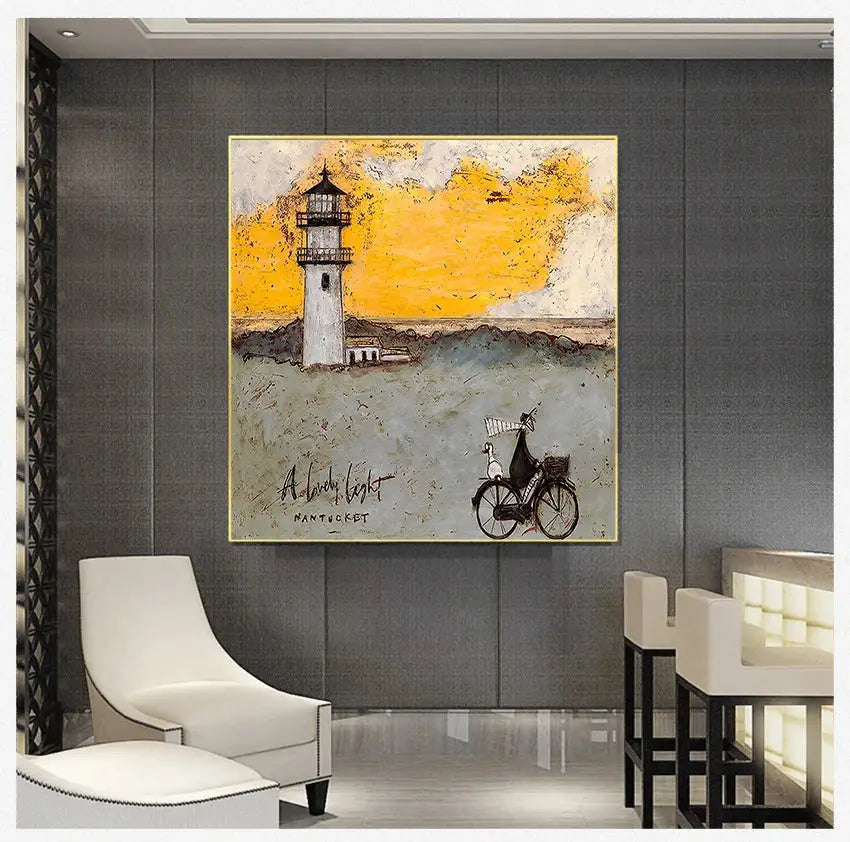 Decorbites™ dog lover nordic canvas wall art of a white lighthouse with yellow sky and bicycle in canvas wall art frame
