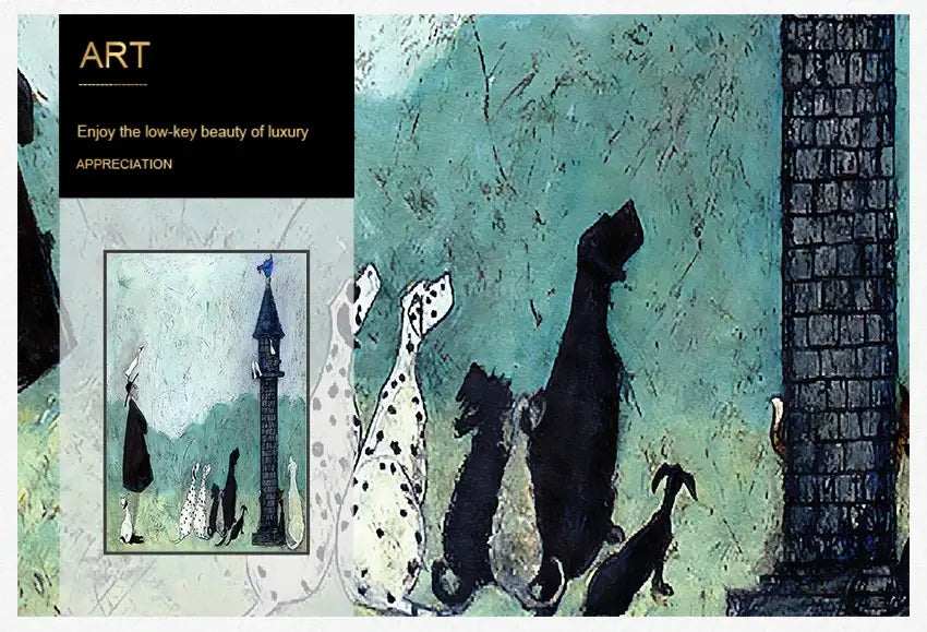 Decorbites™ dog lover nordic canvas wall art featuring textured teal canvas wall with black and white dalmatian dogs