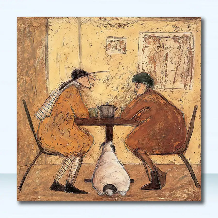 Warm-toned textured canvas wall art by decorbites featuring two figures and a dog at a table for dog lovers