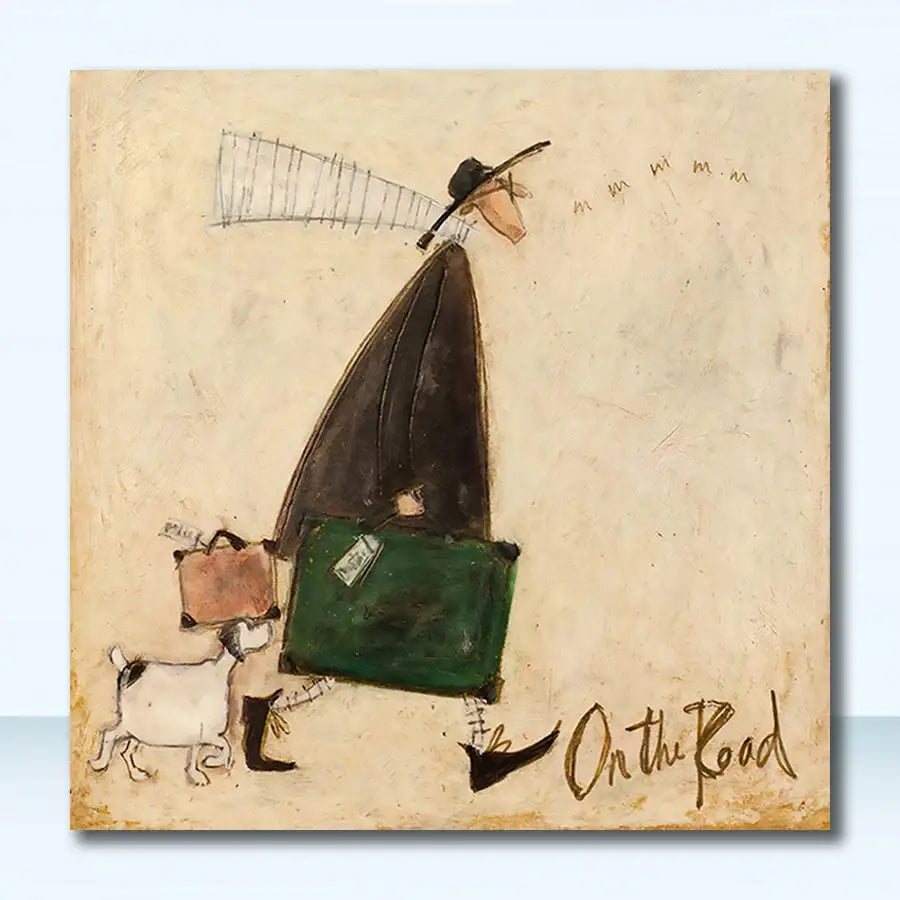 Decorbites dog lover nordic canvas wall art depicting a traveler in black pulling green and brown suitcases with a dog