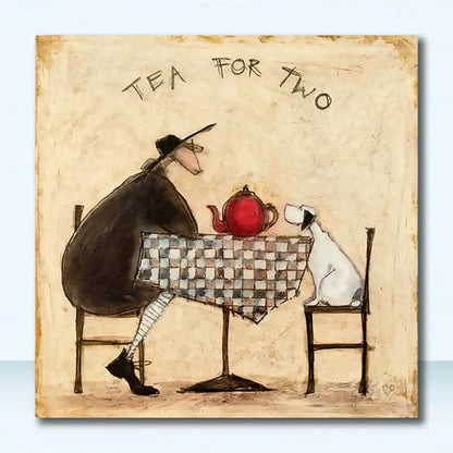 A whimsical red ceramic teapot on a checkered tablecloth featured in decorbites™ dog lover nordic canvas wall art