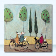 Decorbites™ dog lover nordic canvas wall art featuring whimsical cyclists and stylized trees on a square canvas wall art