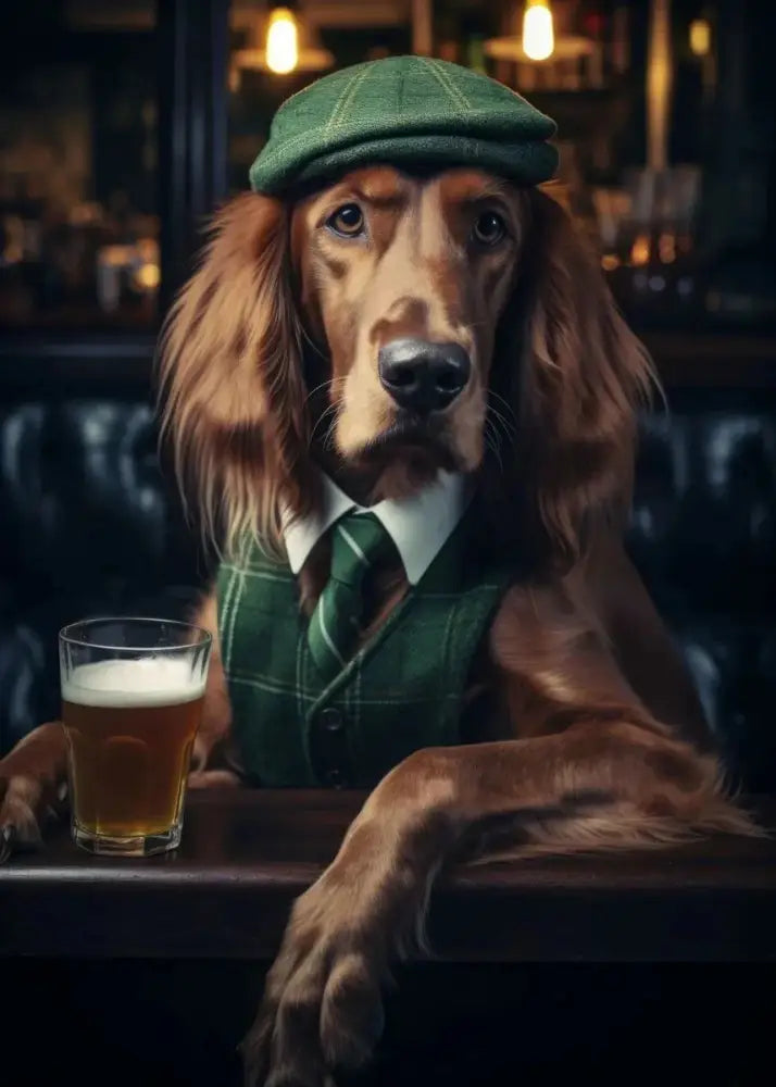 DecorBites™ dog pub canvas wall art featuring a brown Irish setter in green plaid flat cap, vest, and tie