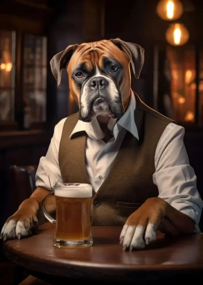 A brown and white boxer dog in a beige vest sits at a table with beer in this dog pub canvas wall art