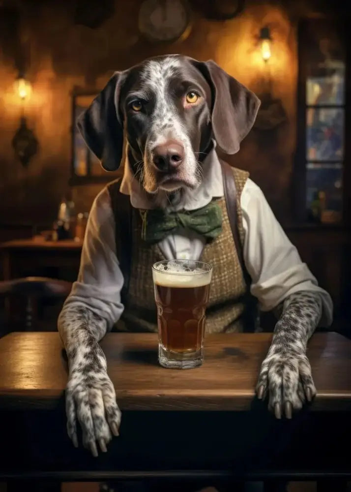 Brown and white dog wearing vest and bow tie sitting at wooden table with amber beer in decorbites™ dog pub canvas wall art