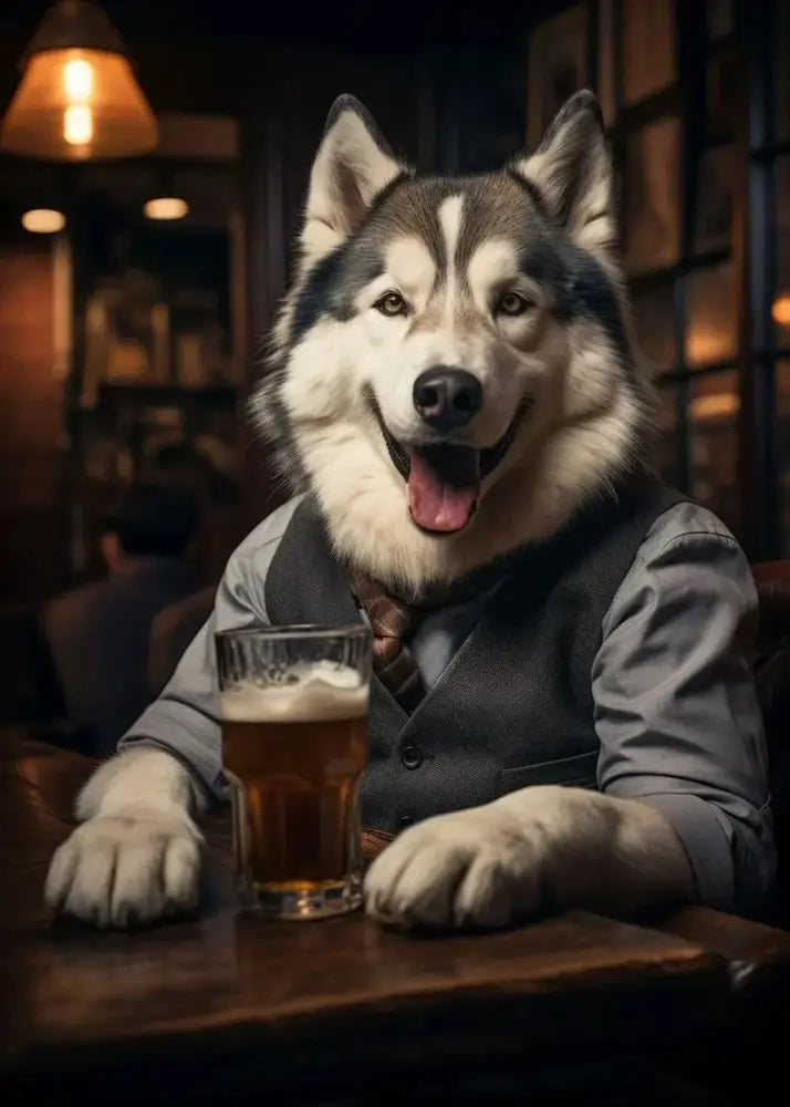 A cheerful Siberian husky in gray vest with tie holding amber beer on wood table dog pub canvas wall art