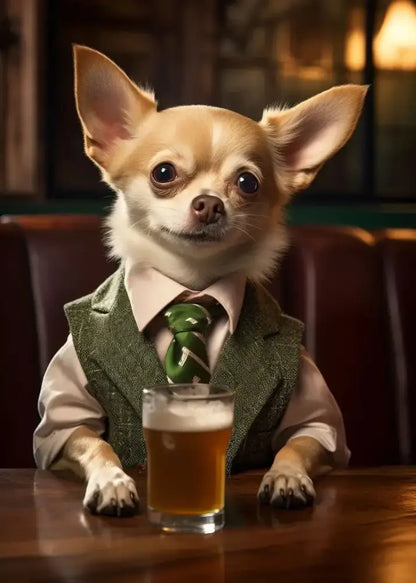 DecorBites™ dog pub canvas print featuring a chihuahua in green tweed vest at bar with beer glass wall art