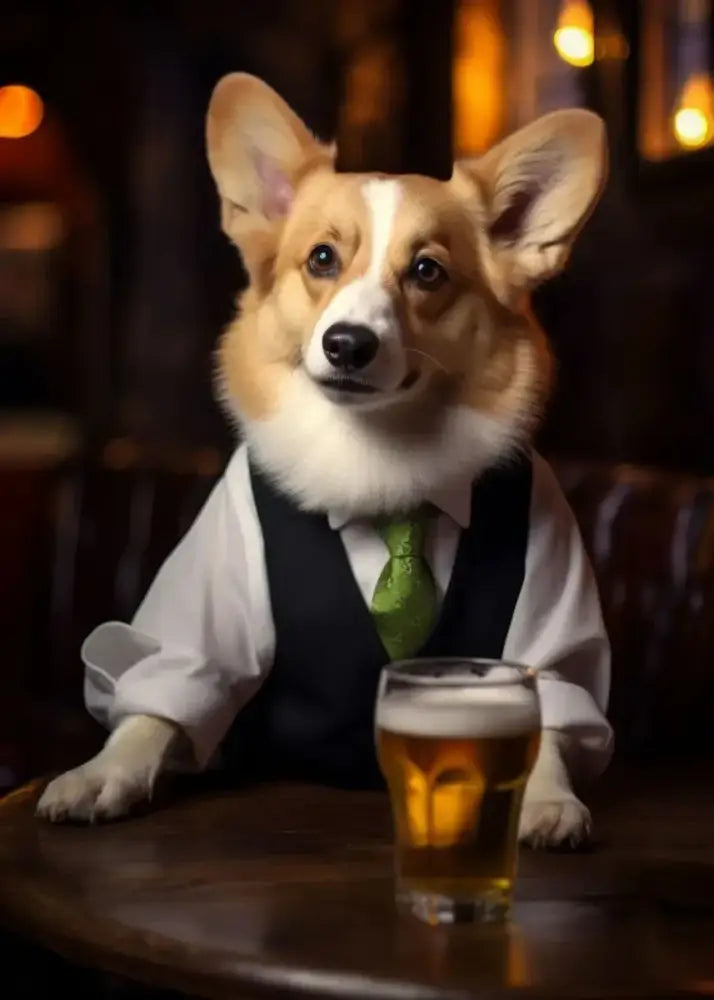 Decorbites™ dog pub canvas print featuring a corgi in a white shirt black vest and green tie at a table with beer wall art