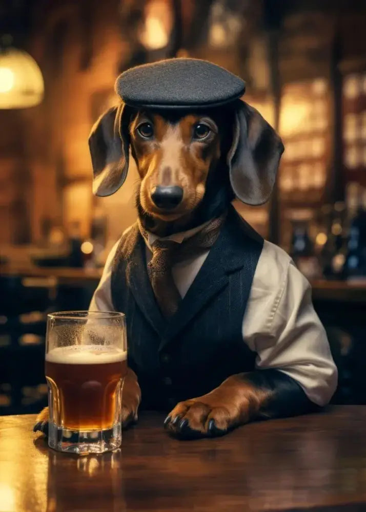A dachshund in a dark gray flat cap and black vest with a drink on a dog pub canvas wall art by decorbites™